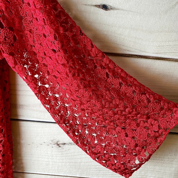 ROZ & ALI Women's Crochet Lace Top 3/4 Bell Sleeve Red-Medium - Picture 3 of 7